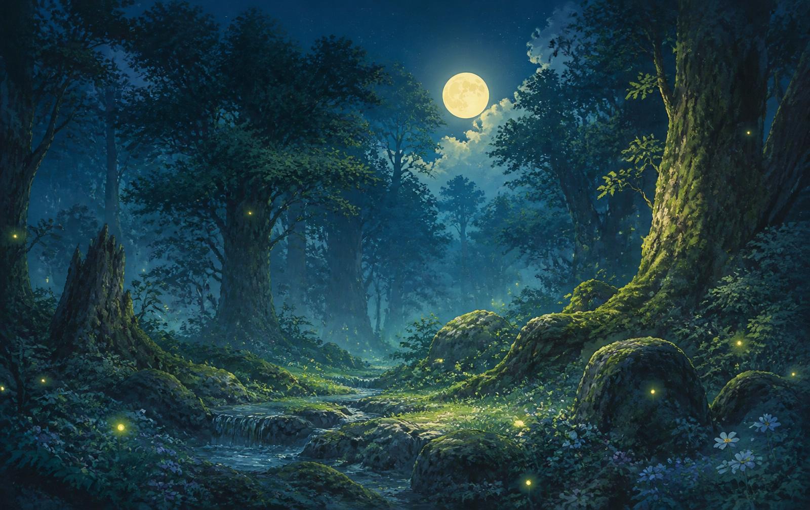 Rootbound concept art of a moonlit painted forest